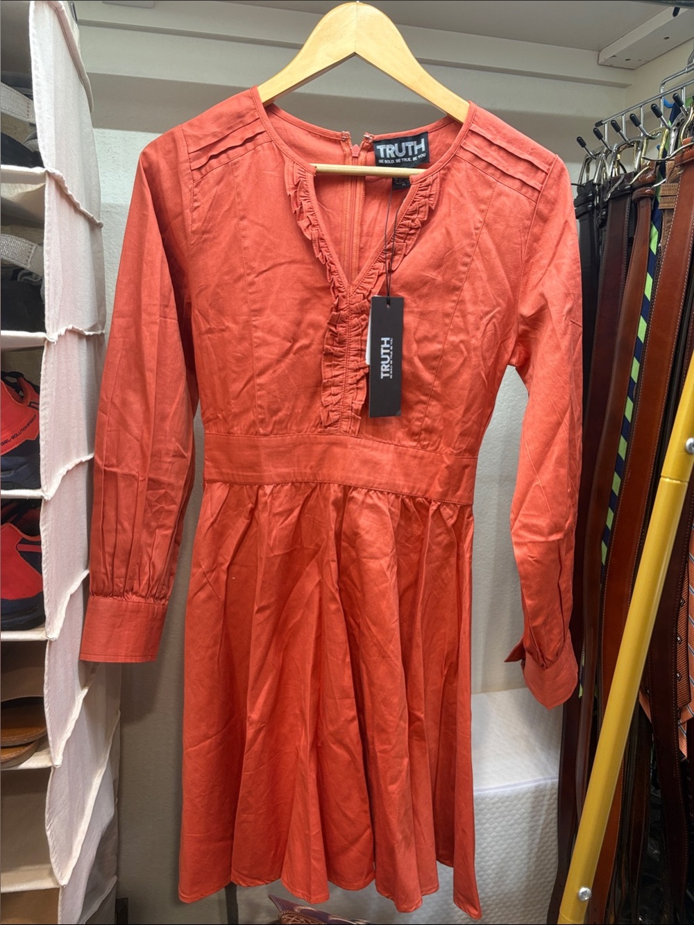 TRUTH Coral-Orange Long-Sleeve V-Neck Ruffle Dress